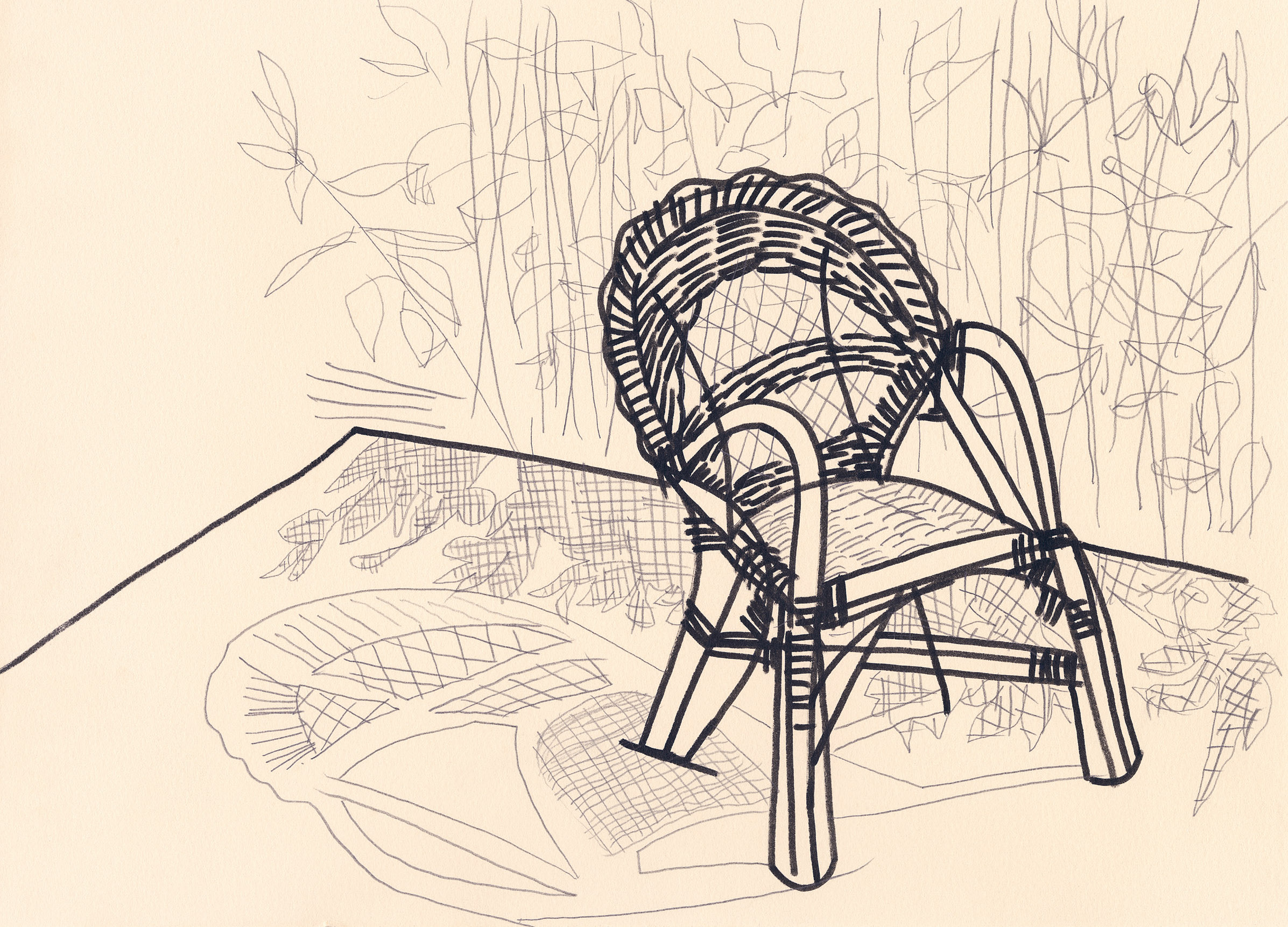 Wicker armchair on the terrace, drawing by Eliza Pepermans, soloshow, 2019.