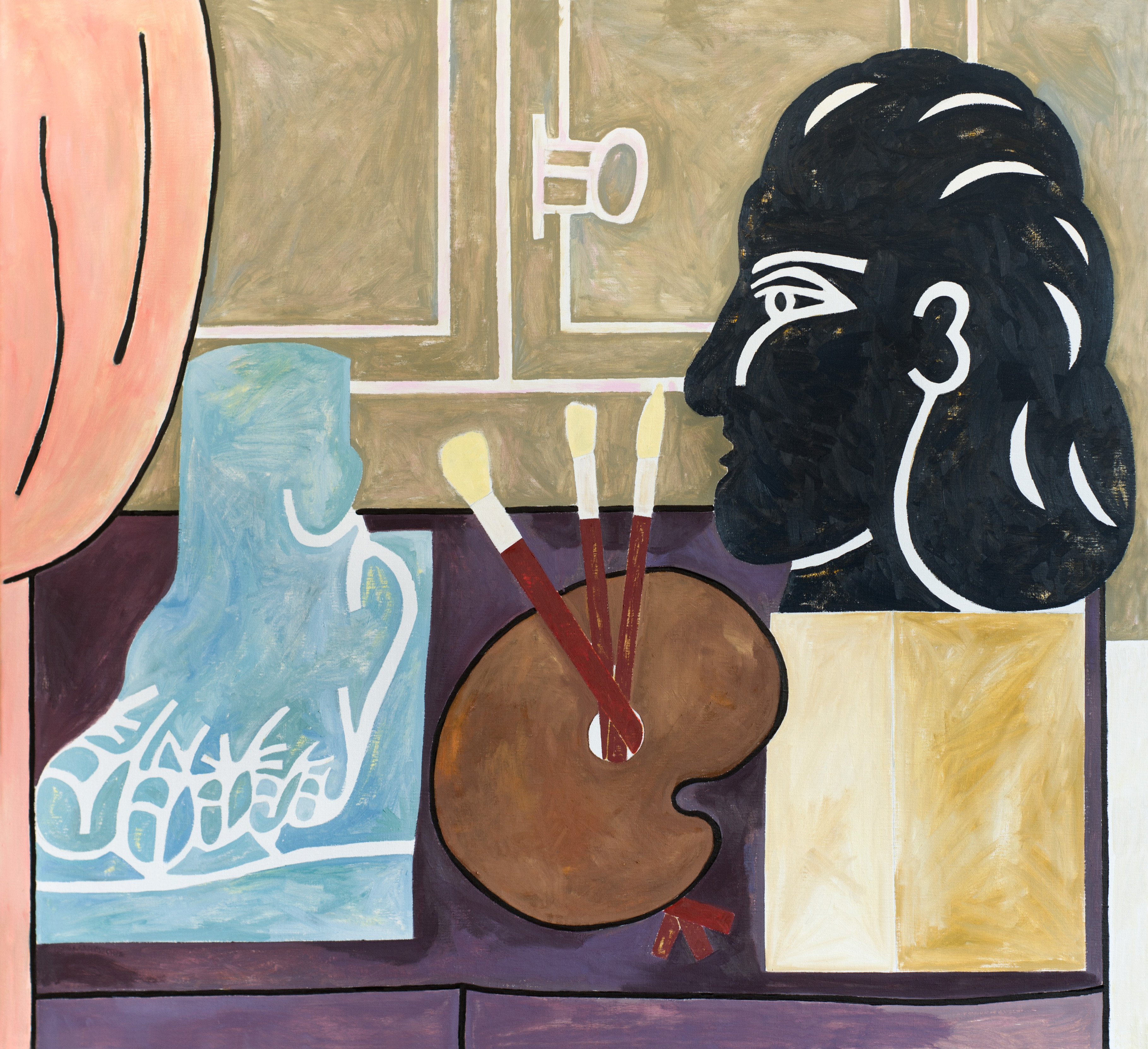 Still Life with Foot Sculpture and Buste, oil on canvas, 120 x 110cm,2024, solo exhibition,painting by Eliza Pepermans